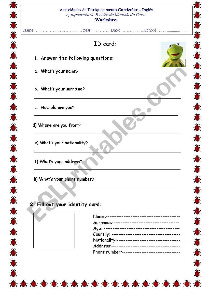 ID worksheet -introductions worksheet