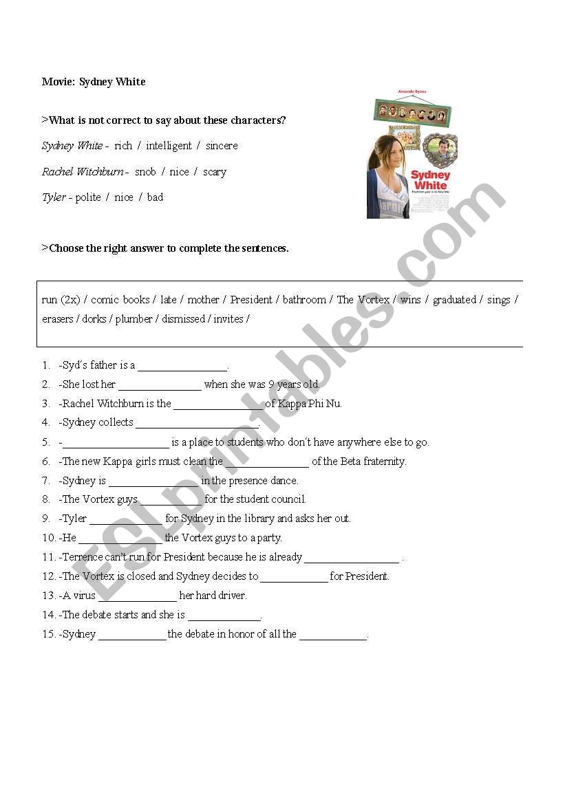 Movie: Sydney White worksheet