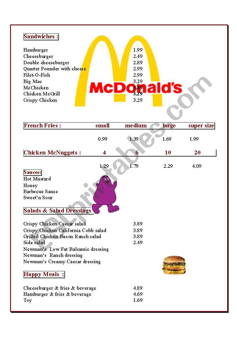 McDo. Menu worksheet