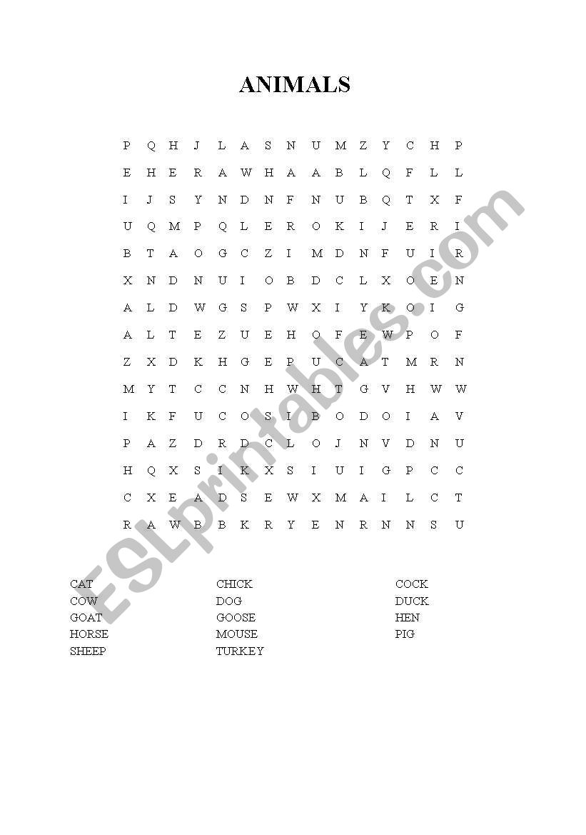 animals wordsearch worksheet