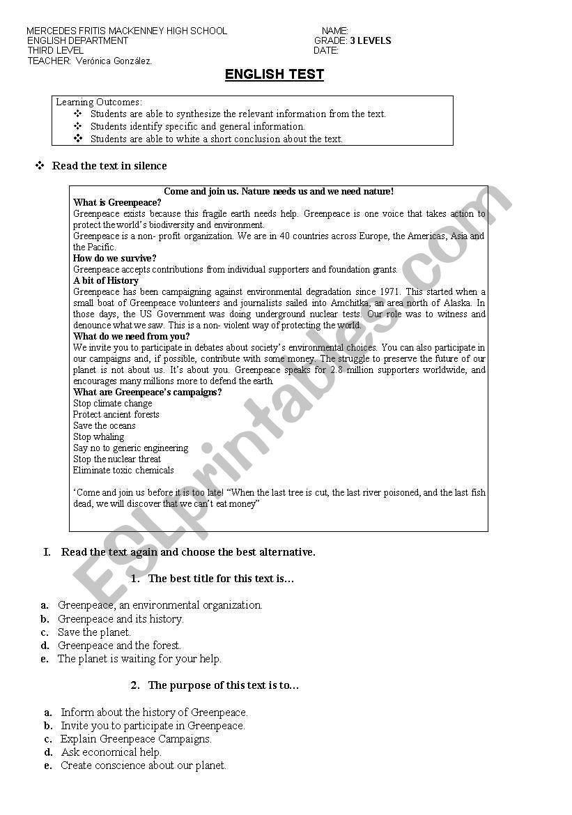 Greenpeace worksheet