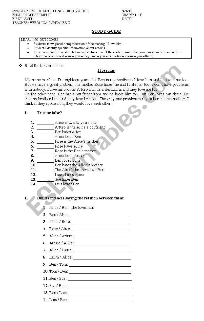 Subject and object pronouns worksheet