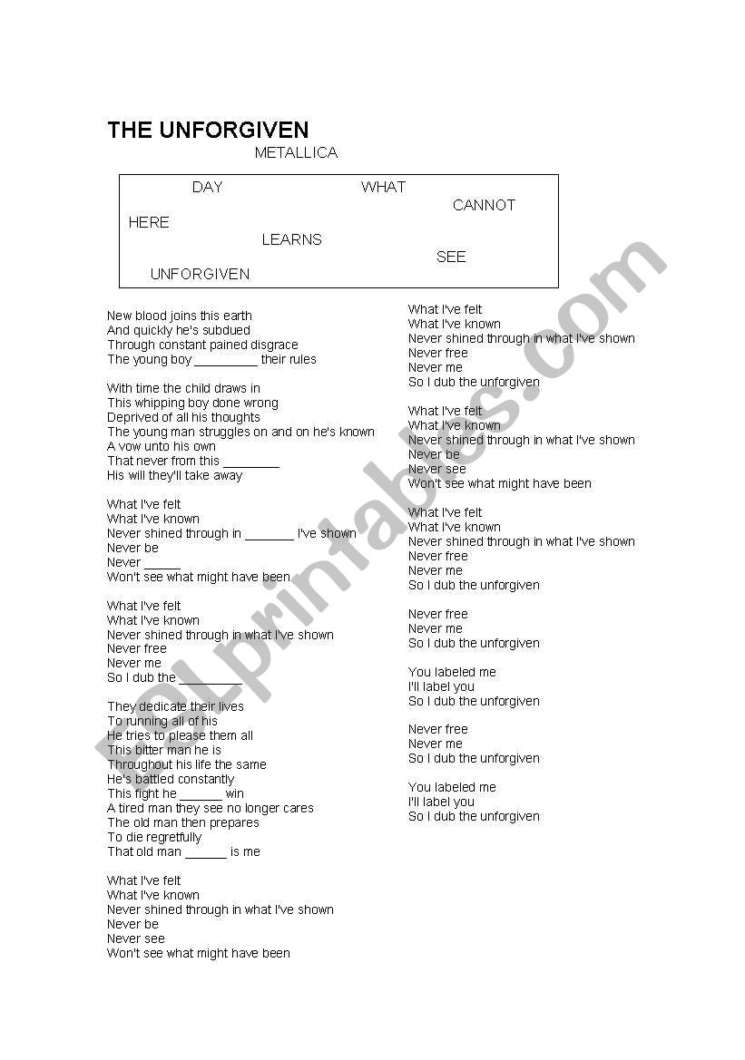 The Unforgiven - Metallica worksheet