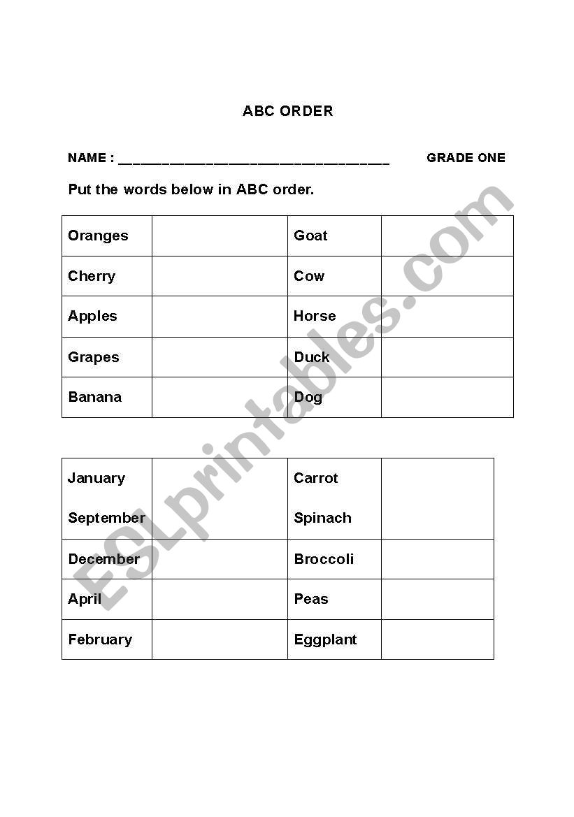 ABC ORDER worksheet