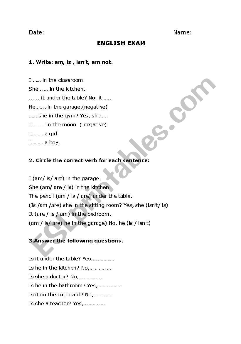 To Be exam worksheet