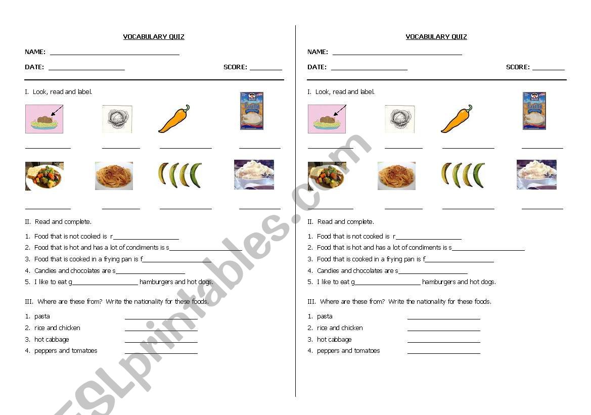 Vocabulary Quiz worksheet