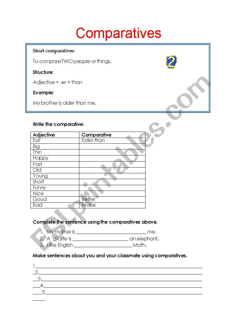 comparatives (short) worksheet