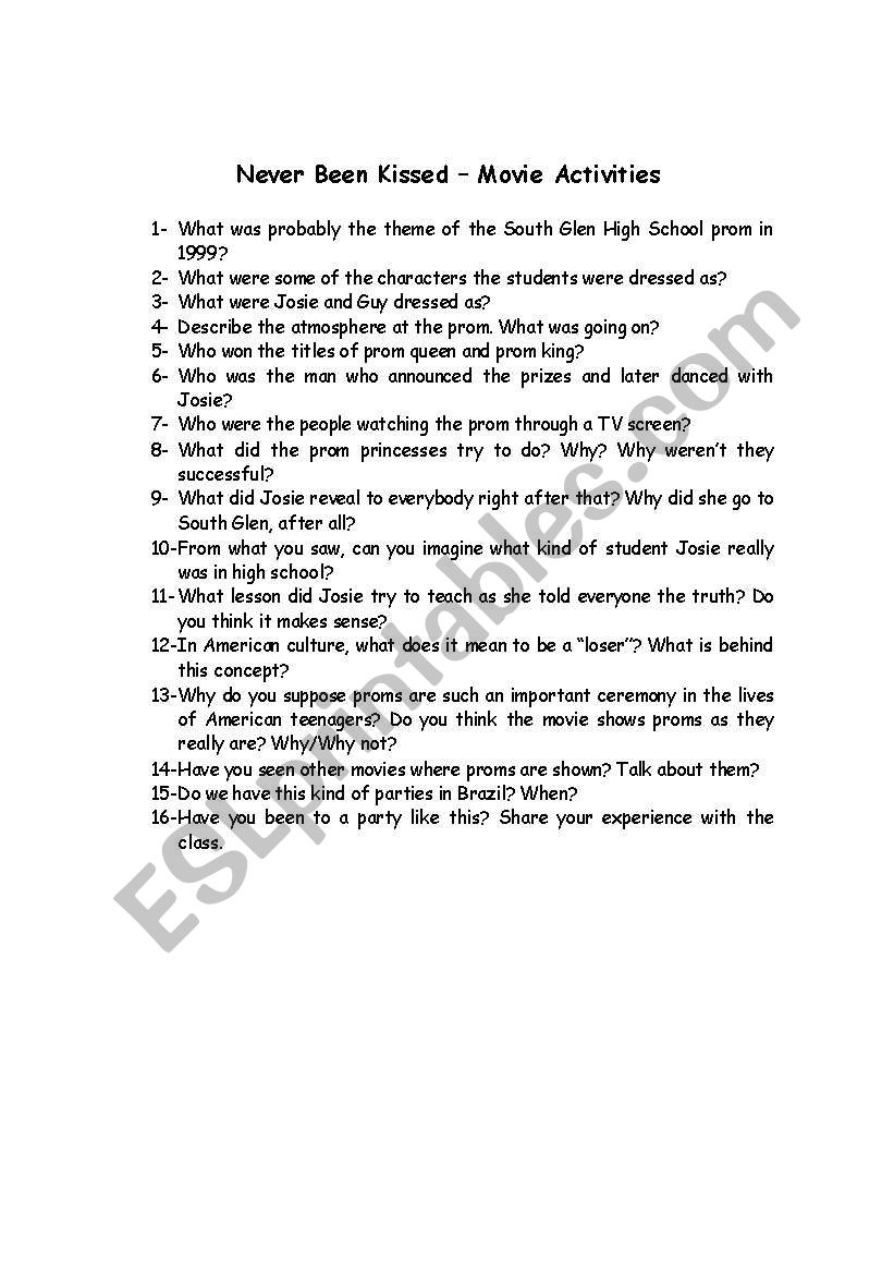 Never been kissed - movie worksheet