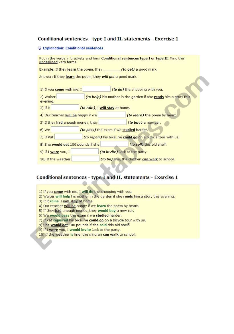 conditional type 1 and 2 worksheet