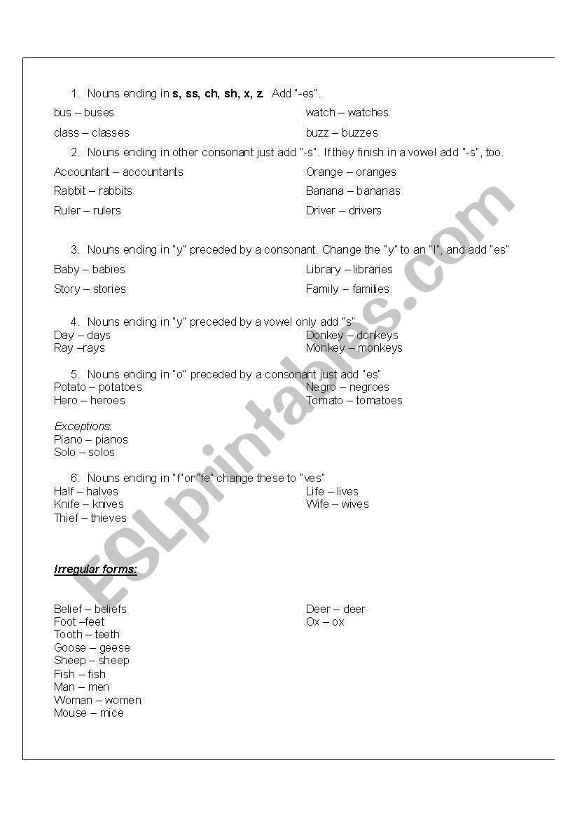 rules for the plural of nous worksheet