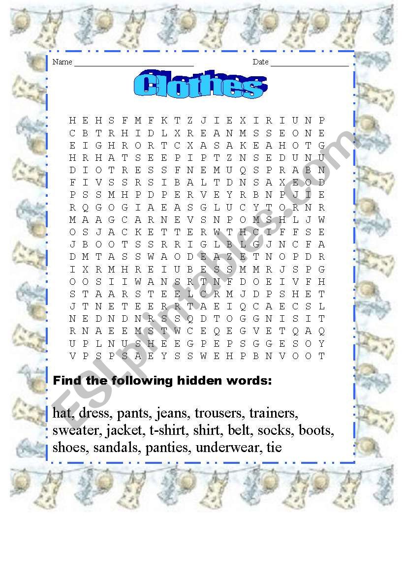 Clothes wordsearch worksheet