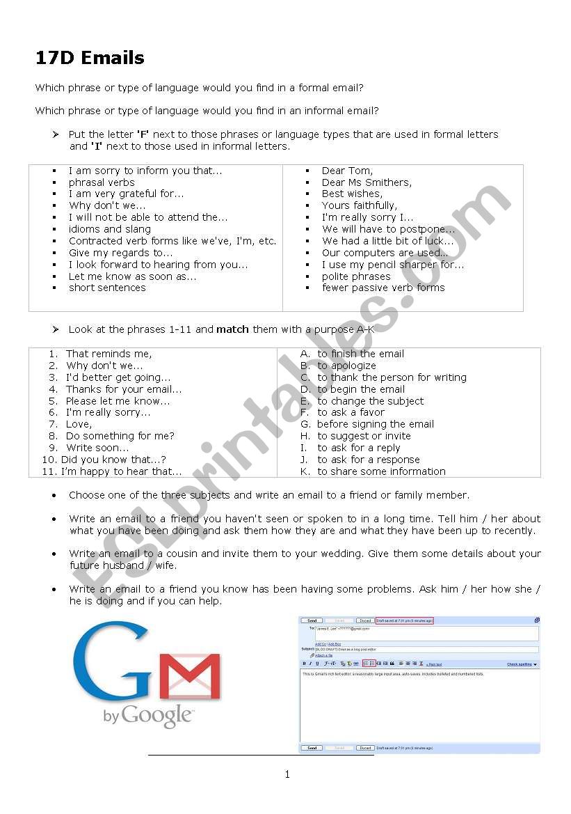 Formal, Informal emails worksheet