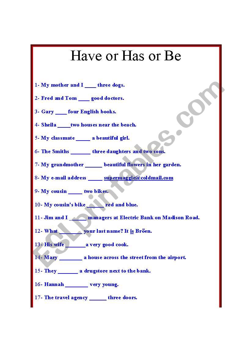 Have or Has or Be worksheet