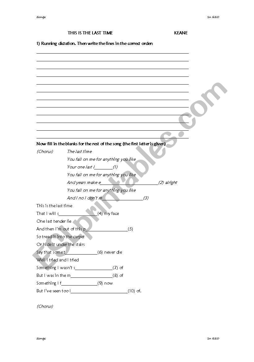 This is the last time (Keane) worksheet