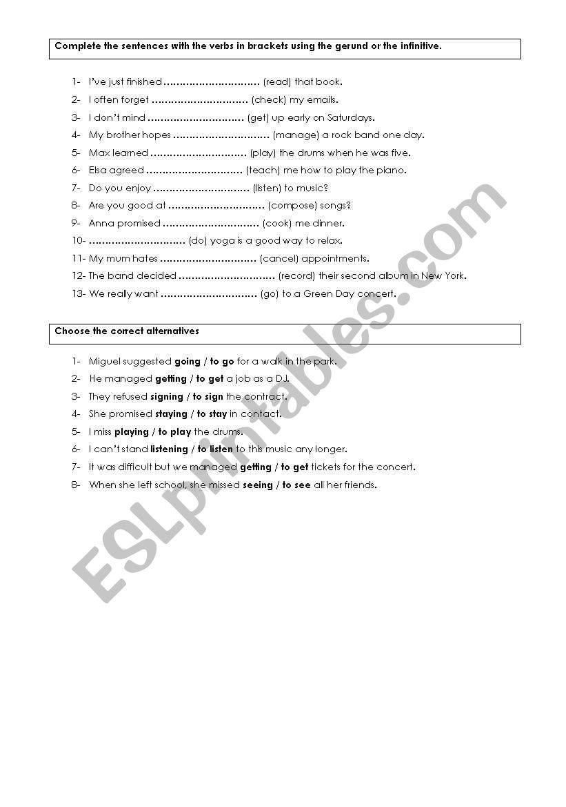 gerunds and infinitives worksheet