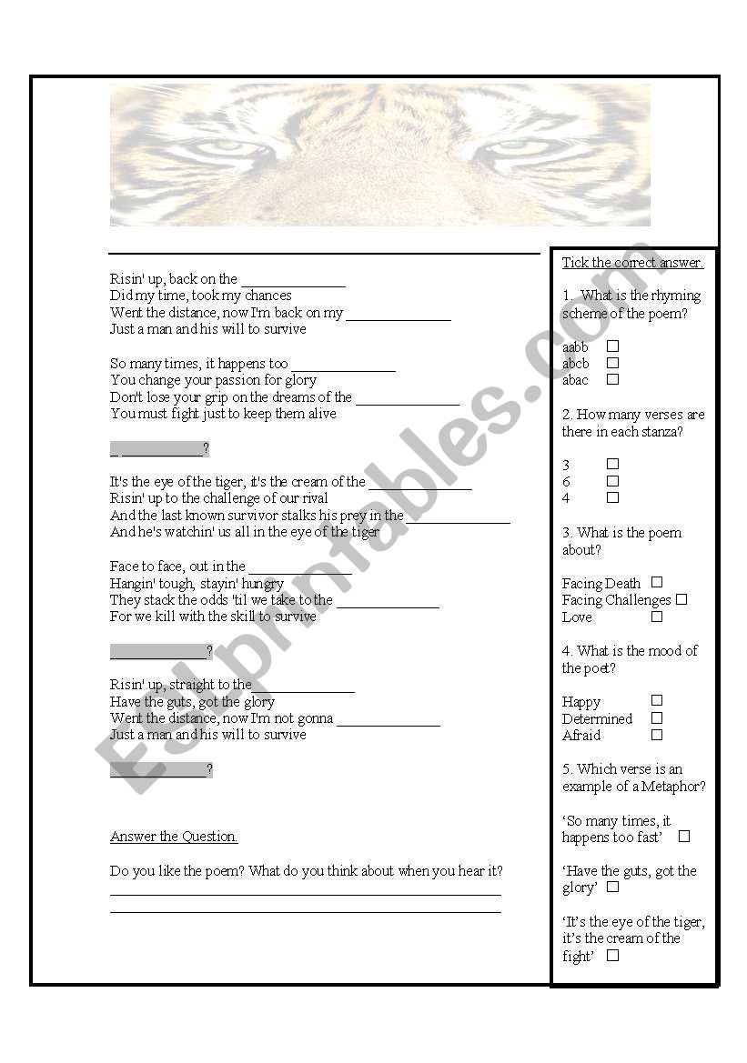 Eye of the tiger worksheet