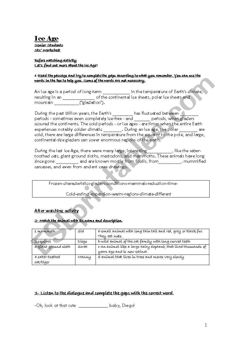 Ice Age I worksheet