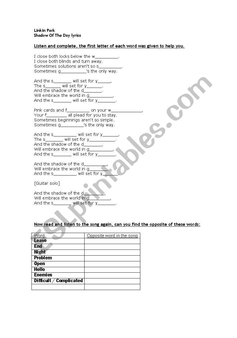 The Shadow of the Day  worksheet