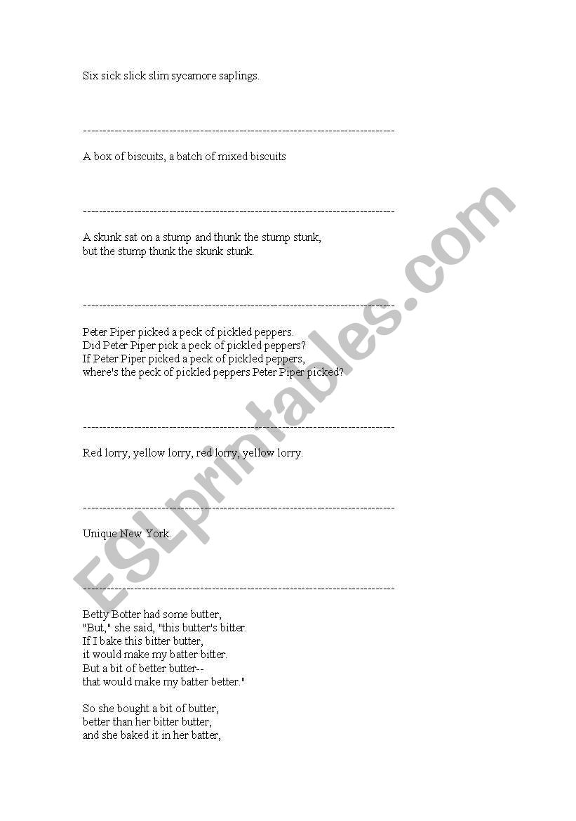 tongue twisters worksheet