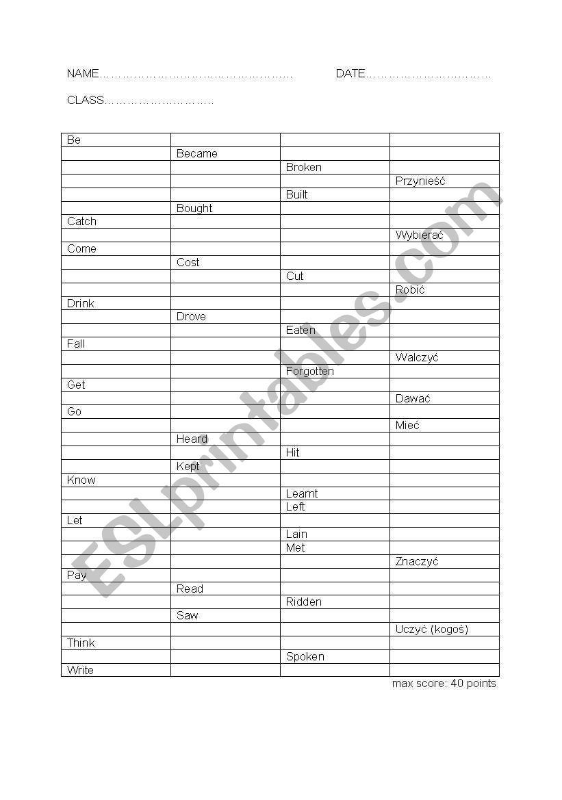 Irregular verbs test worksheet