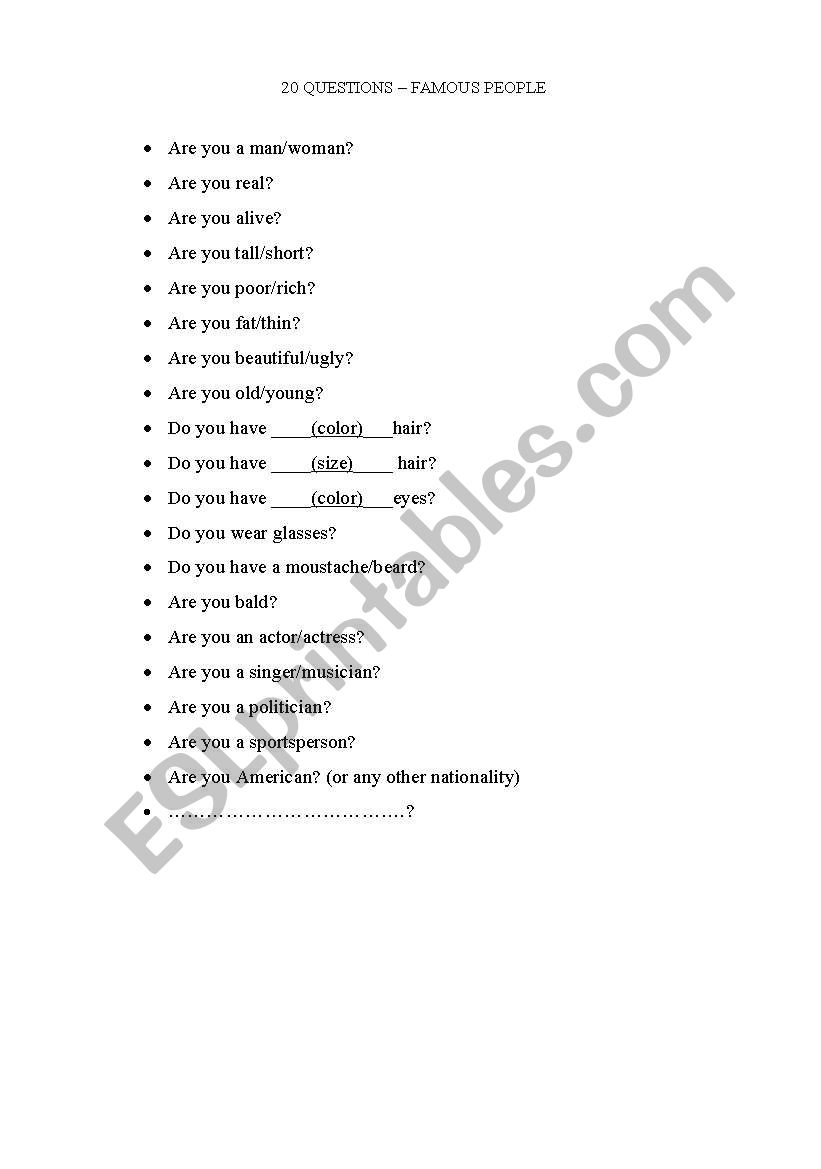 20 questions worksheet