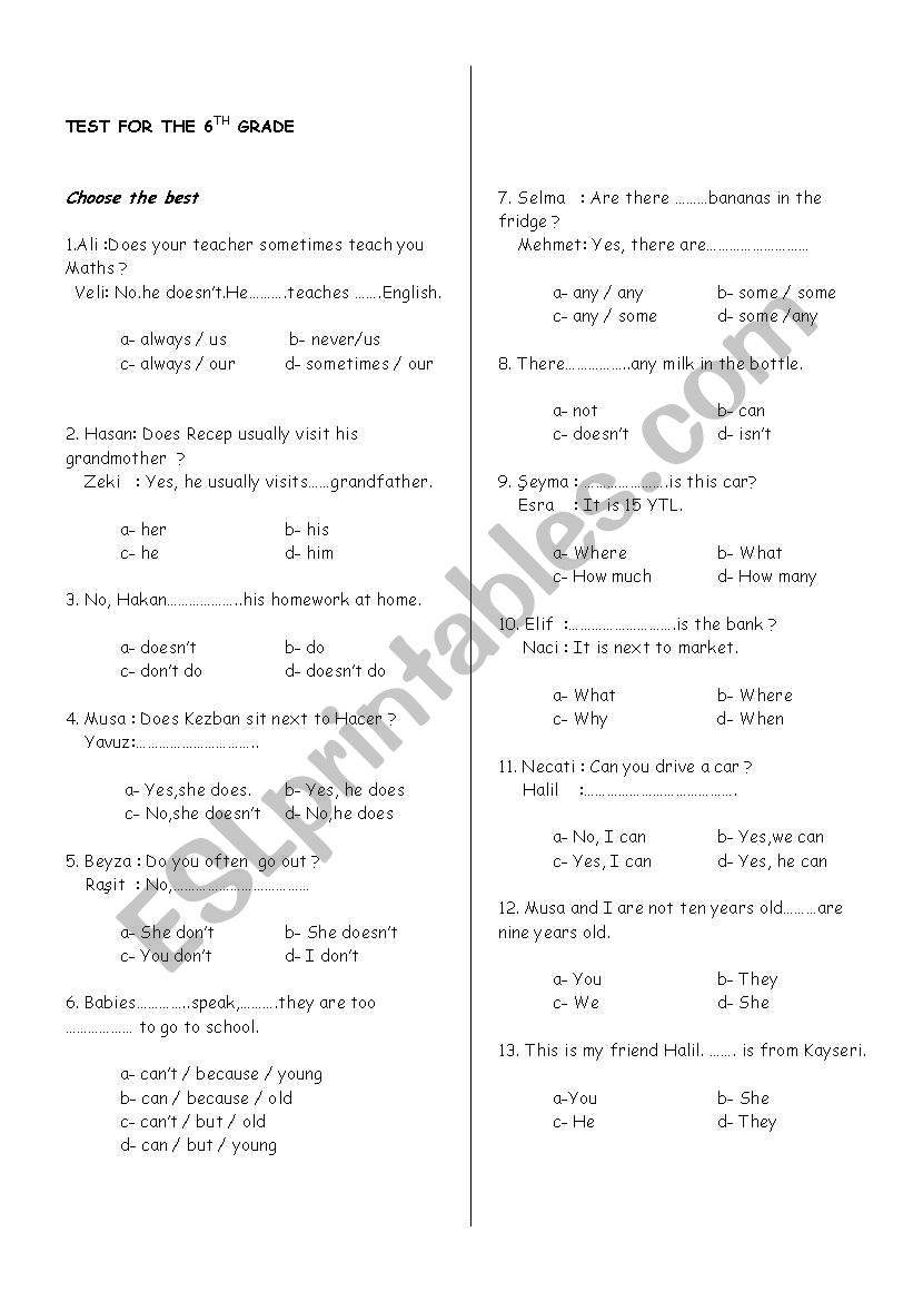 6th grade test worksheet