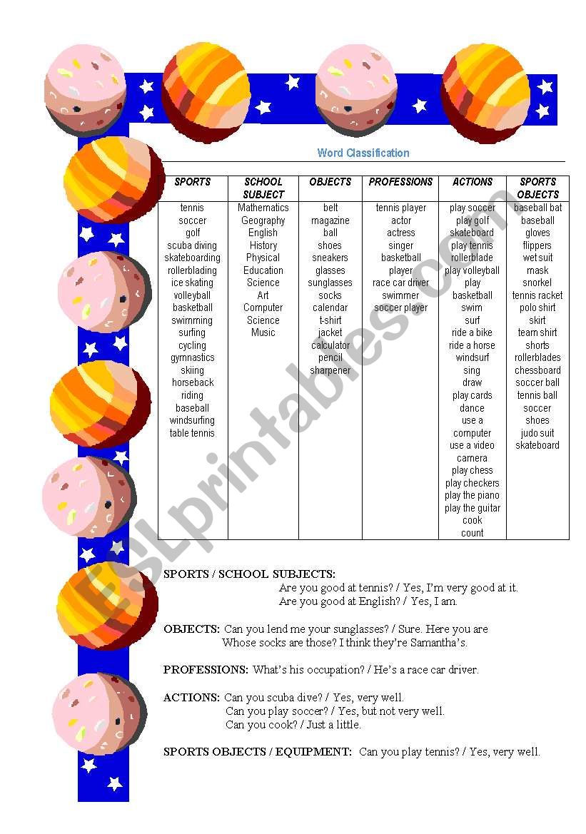 Word Classification and questions to work with the vocabulary