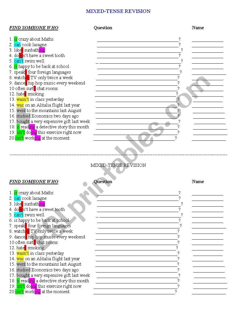 Find someone who: mixed-tense revision