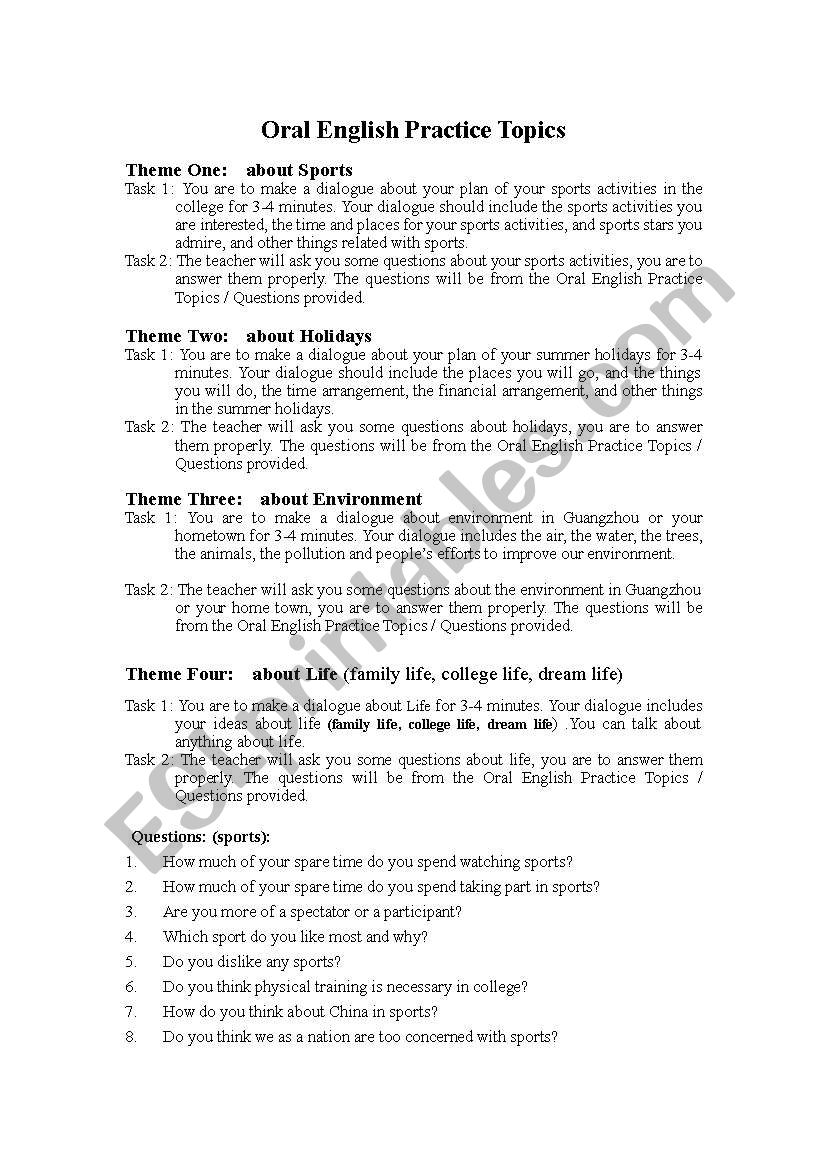 Oral english practice worksheet