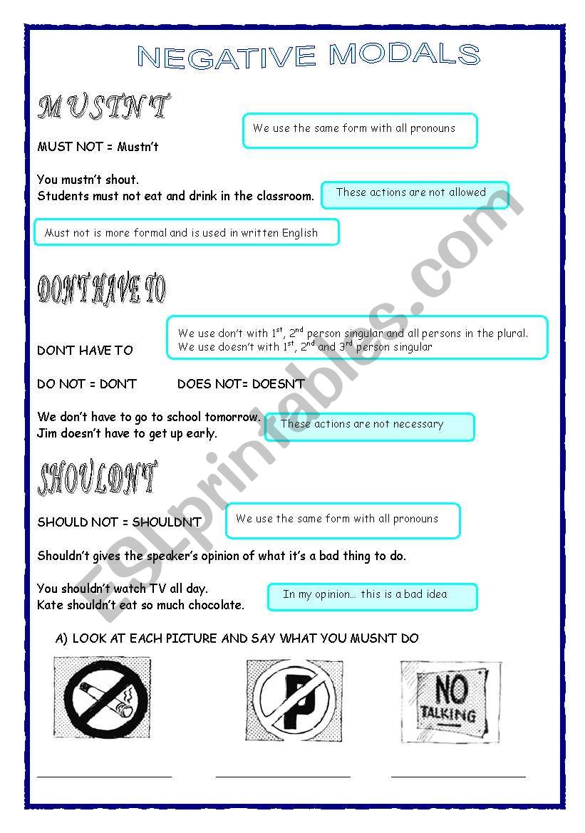 NEGATIVE MODALS worksheet