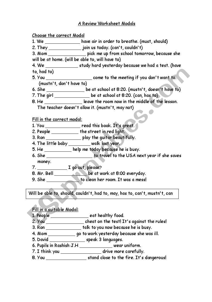 Modals a review worksheet worksheet