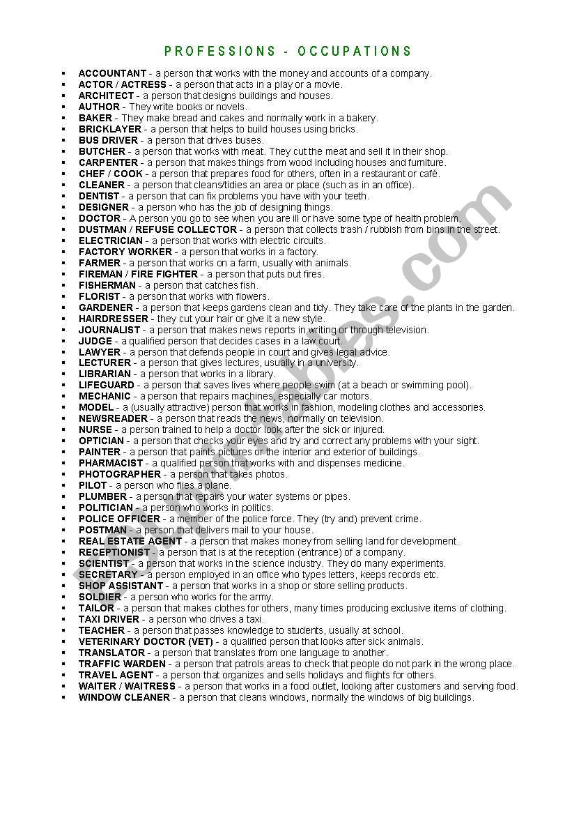 Professions worksheet