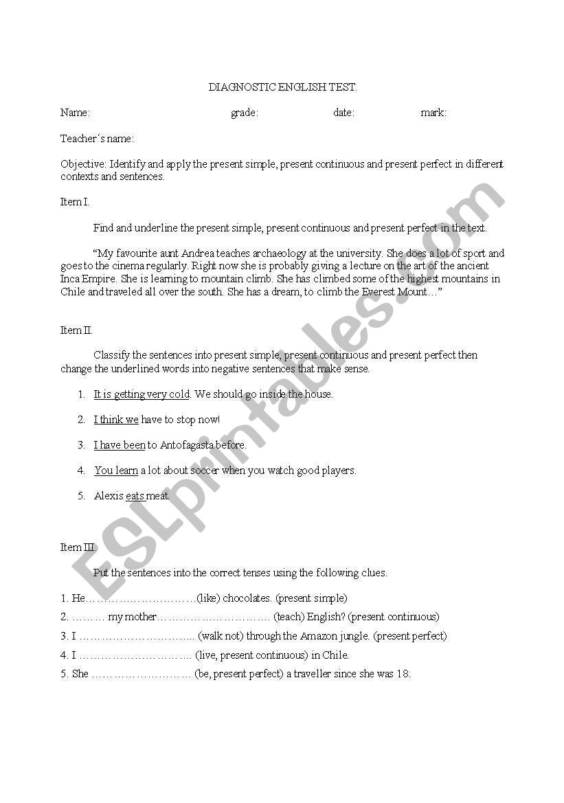 present simple and present continuous test