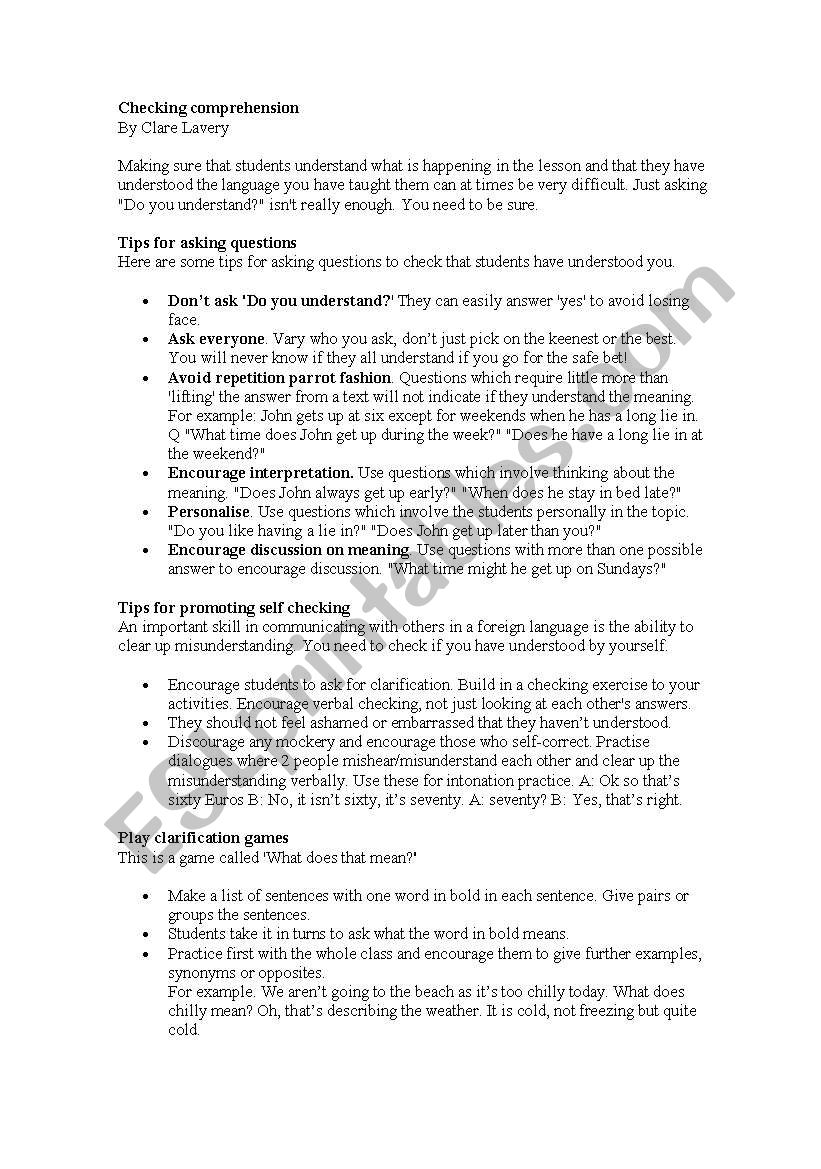 checking comprehension tips worksheet