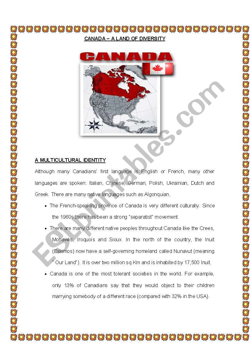 Canada. A land of diversity. worksheet