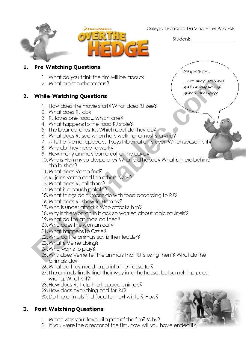 Over the Hedge ~ Video Guide worksheet