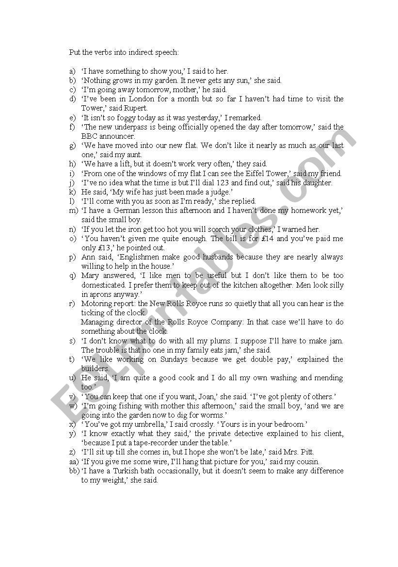 indirect speech worksheet