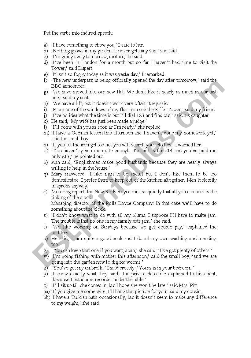 indirect speech worksheet