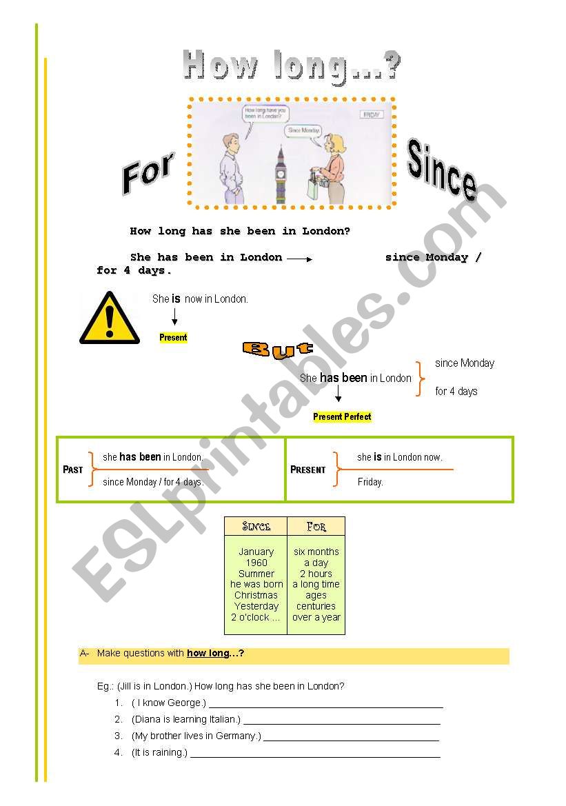 How long...? (for and since) worksheet