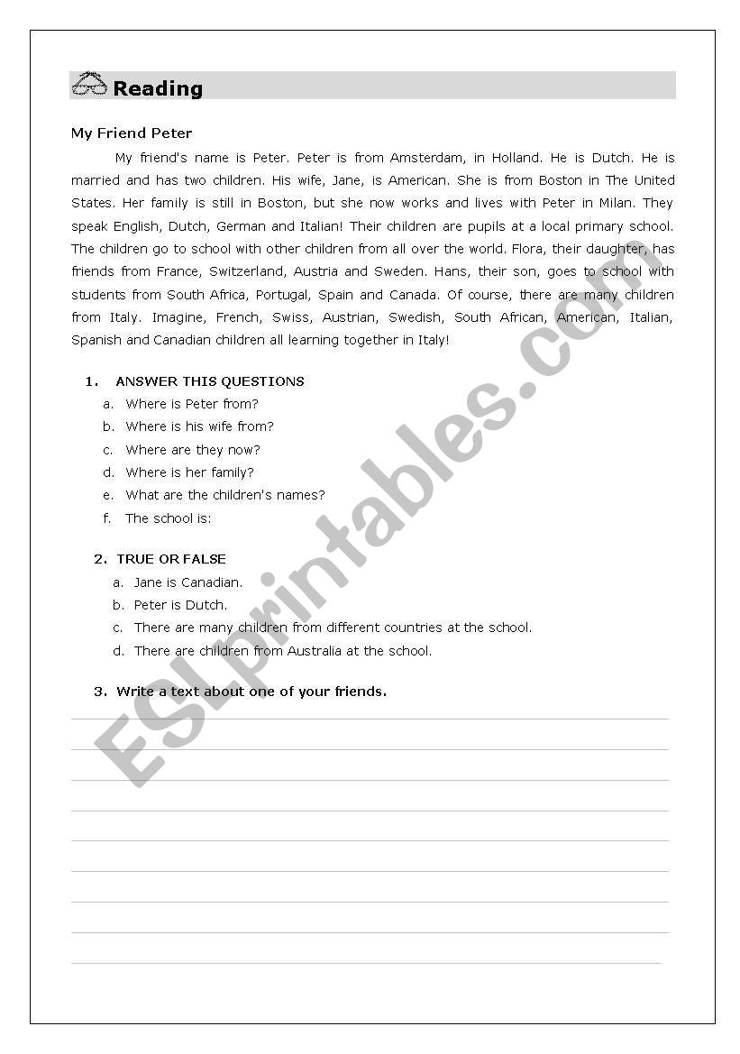 My friend Peter worksheet