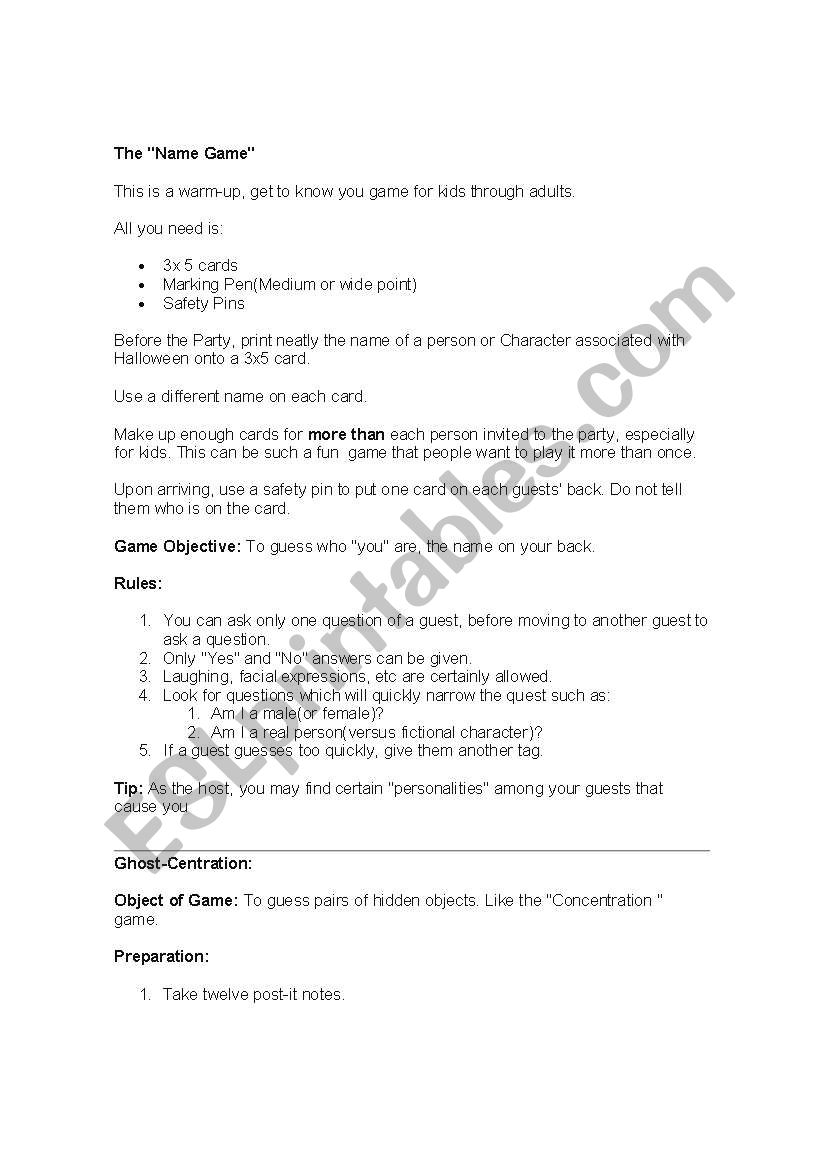 Hallloween games worksheet