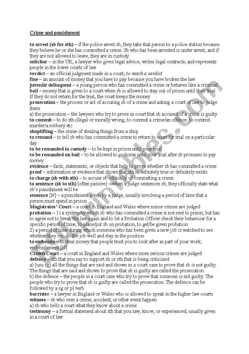 Crime and punishment worksheet