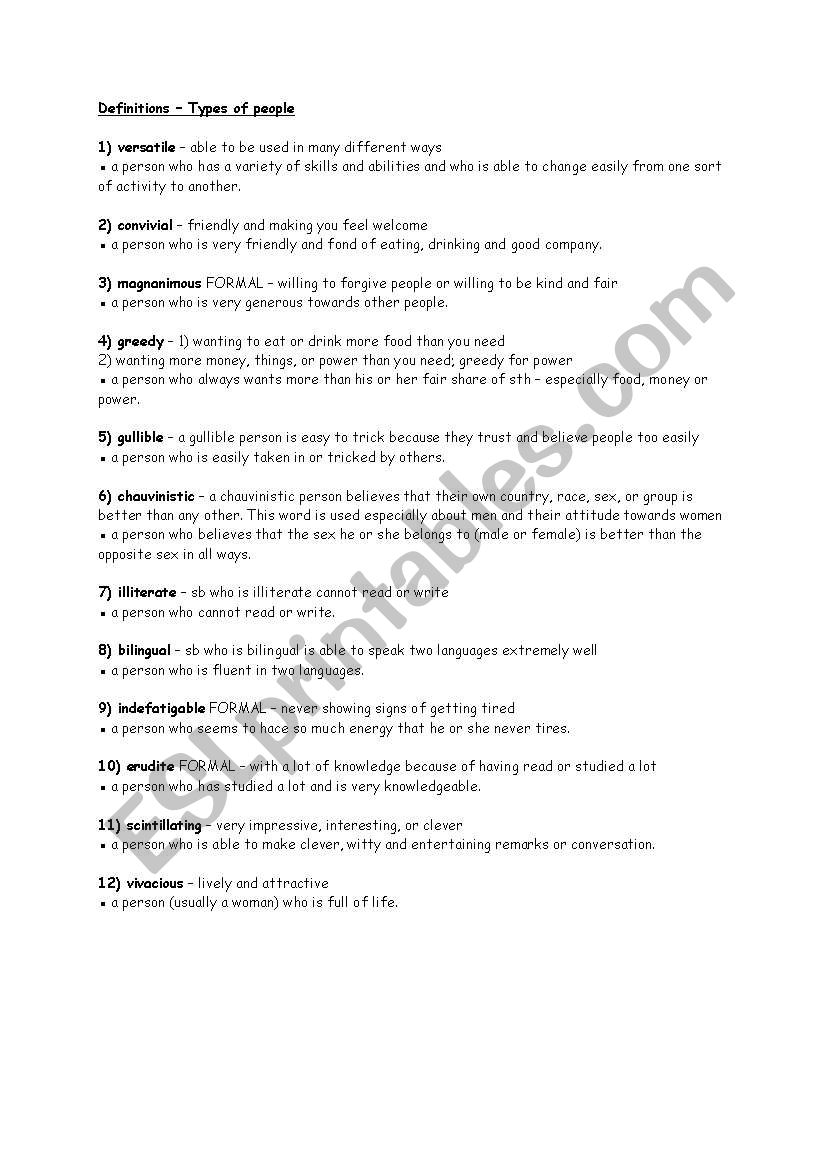 Definitions - Types of people worksheet