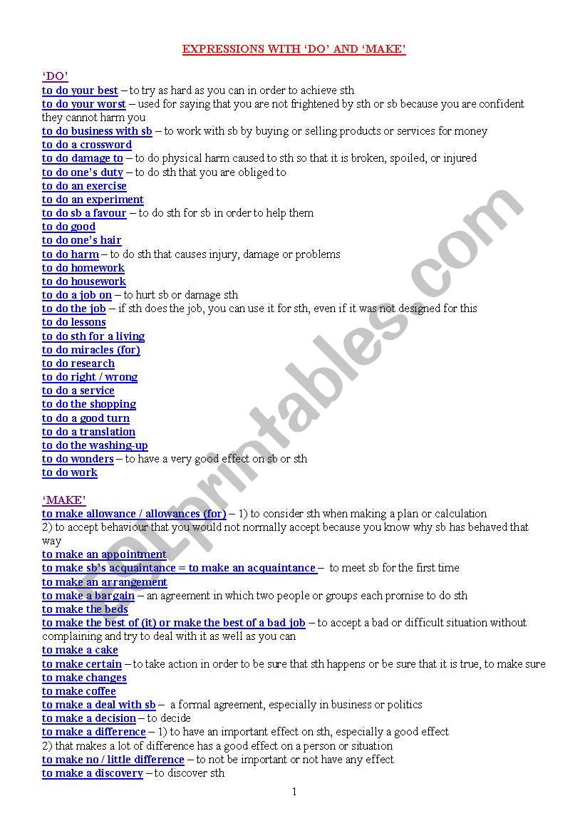 EXPRESSIONS WITH ´DO´ AND ´MAKE´ - ESL worksheet by byciu1983