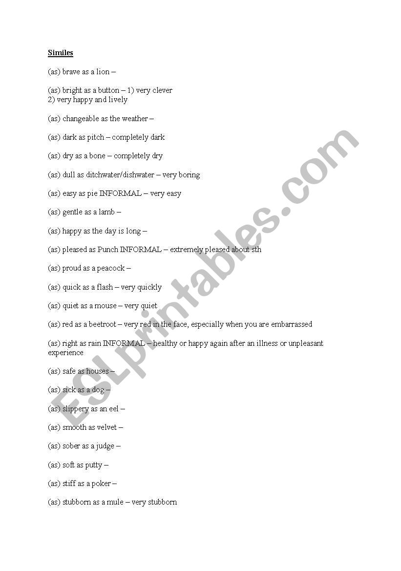 Similes worksheet