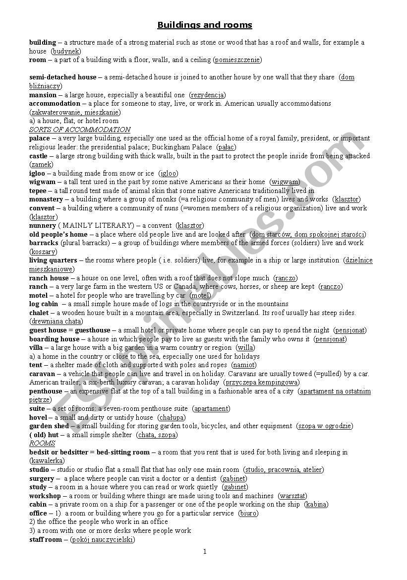 Buildings and Rooms worksheet