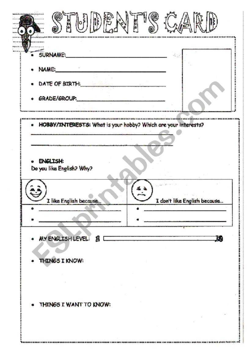 Students card to fill in worksheet