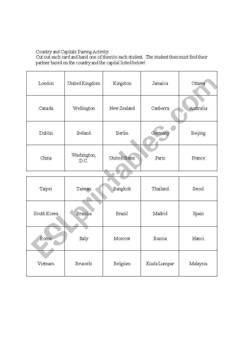 country and capital pairing activity