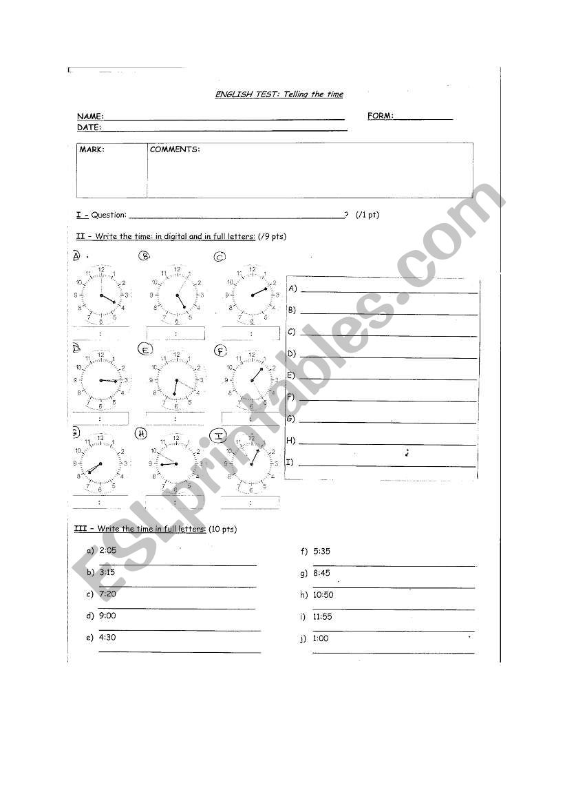 TELLING THE TIME - TEST worksheet