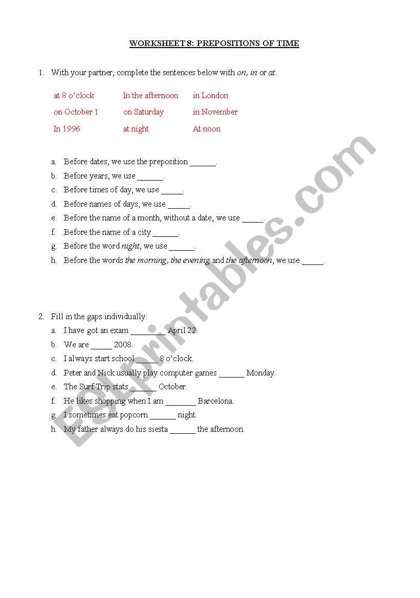 Prepositions of time worksheet